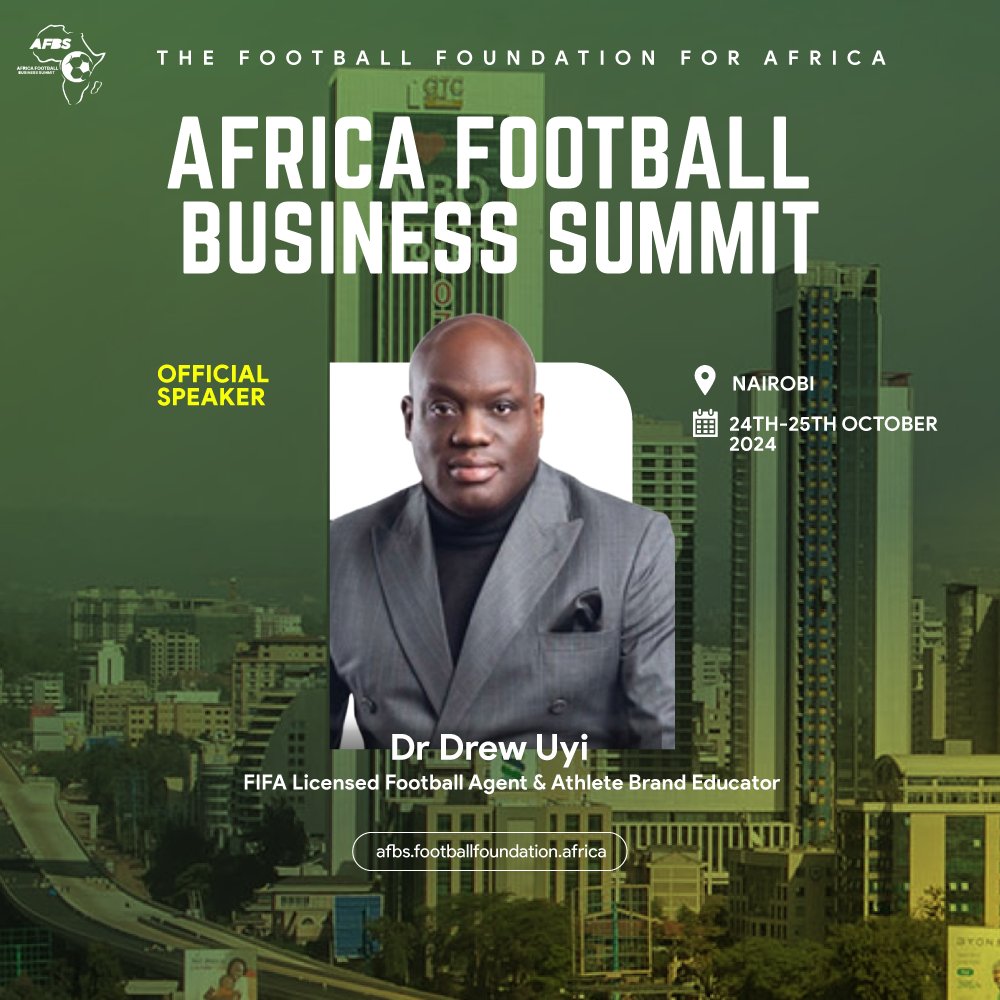 TheFFAfrica's tweet photo. We welcome world-renowned FIFA-licensed football agent Dr Drew Uyi @drewuyi11 as a special guest and speaker at the Africa Football Business Summit 2024. Drew is a global advocate of players' rights and welfare.

#AFBSummit #AFBS2024 #TransformingOurGame

https://t.co/REWFkfCUeJ https://t.co/gsJSGdEo5D