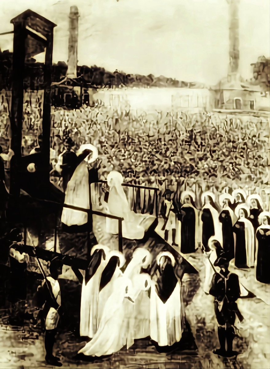 The Sixteen Teresian Martyrs of Compiègne, Guillotined 1794

They are the first sufferers under the French Revolution. They knelt and chanted the "Veni Creator", after which they all renewed their baptismal and religious vows. The novice was executed first, and the prioress last.