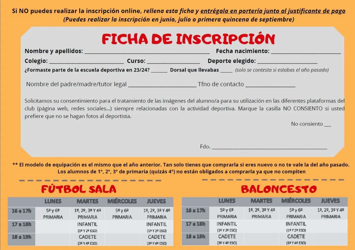 ¡Inscríbete en nuestras Escuelas Deportivas para la próxima temporada! 🏅⚽🏀

No te pierdas la oportunidad de formar parte de nuestro equipo, aprender y divertirte‼
Las inscripciones ya están abiertas. ¡Te esperamos! 😊

#OrgulloYFamiliaSalesiana💙