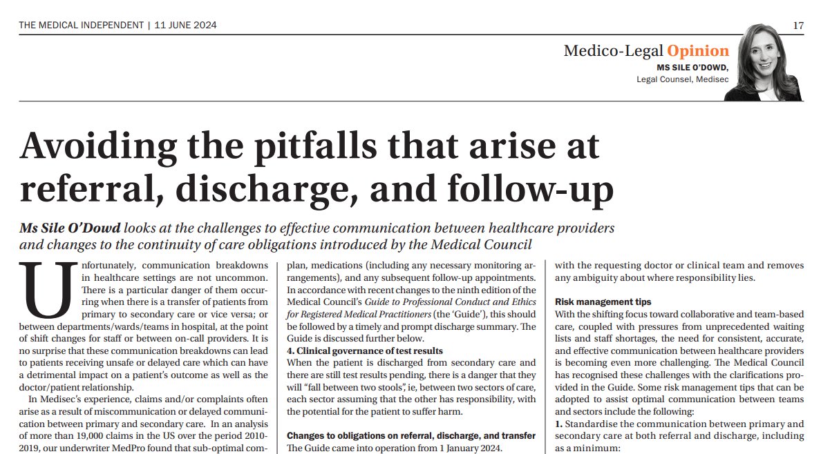 MedisecIreland's tweet image. Legal Counsel with Medisec, @SileODowd  addresses the challenges to effective communication between healthcare providers in this recent article in
@med_indonews

Available here: medisec.ie/wp-content/upl…… 

#continuityofcare 
#welookafteryou
