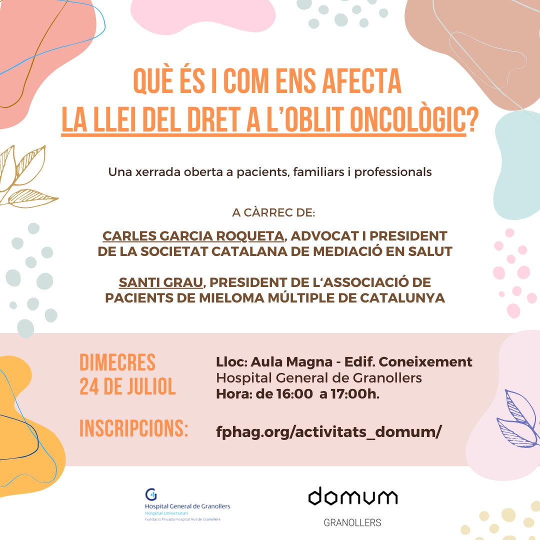 hggranollers's tweet photo. 🏥Vine a la xerrada "Què és i com ens afecta la llei del dret a l'oblit oncològic?"

Dirigida especialment a pacients i familiars oncològics, però oberta a tota la ciutadania.

📆24 de juliol a les 16 h
📍Aula Magna de l'#Hospital.

➡️ Inscripcions: https://t.co/RDkBi4VPKV

#HGG https://t.co/XOrqJt62CG