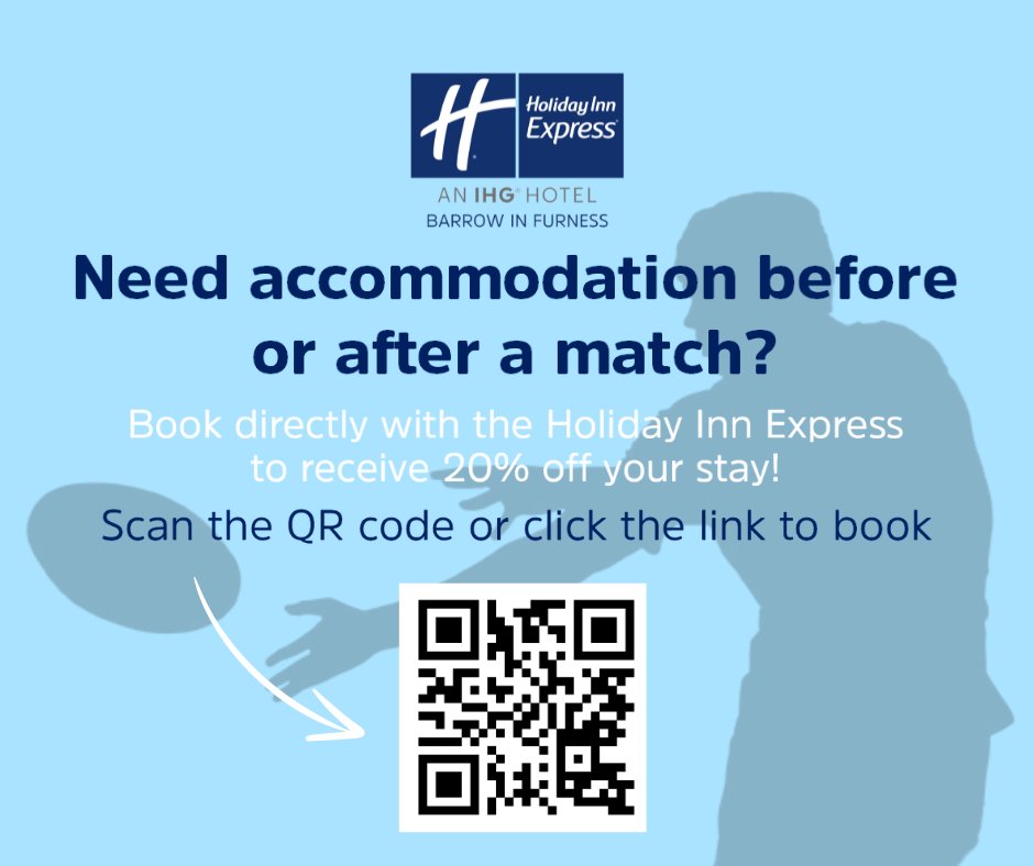Need a room for the <a href="/BarrowRaiders/">Barrow Raiders</a> v <a href="/SheffieldEagles/">Sheffield Eagles</a> match on Sunday?🏉

Scan the QR code below or click here for 20% off 👉🏼bit.ly/Barrow-Match 

We also have 50% off all pizzas if you fancy one after the game!🍕 #BarrowRaiders #SheffieldEagles #ComeOnYouRaiders