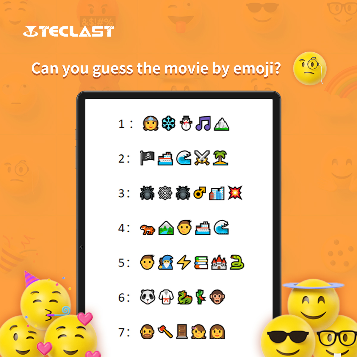 TeclastOfficial's tweet image. 🎥 Emoji movie quiz time! Can you guess these 7 movies from just the emojis? 🤔 Comment your answers below and tag a friend to challenge them too! Let’s see who can get them all right! 🌟 Share your quote from the movie if you guess it right! 🎬
#Teclast #GuessTheMovie #EmojiFun