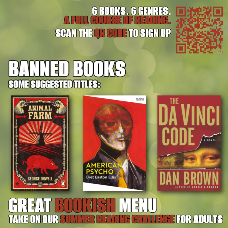 LibrariesNL's tweet photo. Our #GreatBookishMenu reading challenge for adults encourages our readers to try different genres this summer.
Here are a few suggestions for Banned Books.
Sign up or manage your progress here: https://t.co/0yFVsj3Qea
#ReadingChallenge https://t.co/mSvhE8gKSP