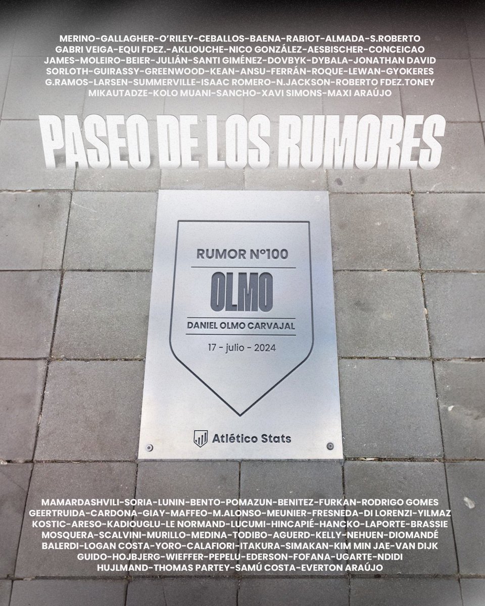 atletico_stats_'s tweet photo. ✅Logro desbloqueado. Llegamos al jugador nº100 en sonar para el Atleti este verano.

✨𝐄𝐬𝐭𝐫𝐞𝐧𝐚𝐦𝐨𝐬 𝐥𝐚 𝐩𝐥𝐚𝐜𝐚 𝐝𝐞𝐥 '𝐏𝐚𝐬𝐞𝐨 𝐝𝐞 𝐥𝐨𝐬 𝐑𝐮𝐦𝐨𝐫𝐞𝐬' 𝐜𝐨𝐧 𝐃𝐚𝐧𝐢𝐞𝐥 𝐎𝐥𝐦𝐨 𝐝𝐞𝐥 𝐋𝐞𝐢𝐩𝐳𝐢𝐠 (𝐁𝐈𝐋𝐃).

🤪¡Un mercado de fichajes de LEYENDA!