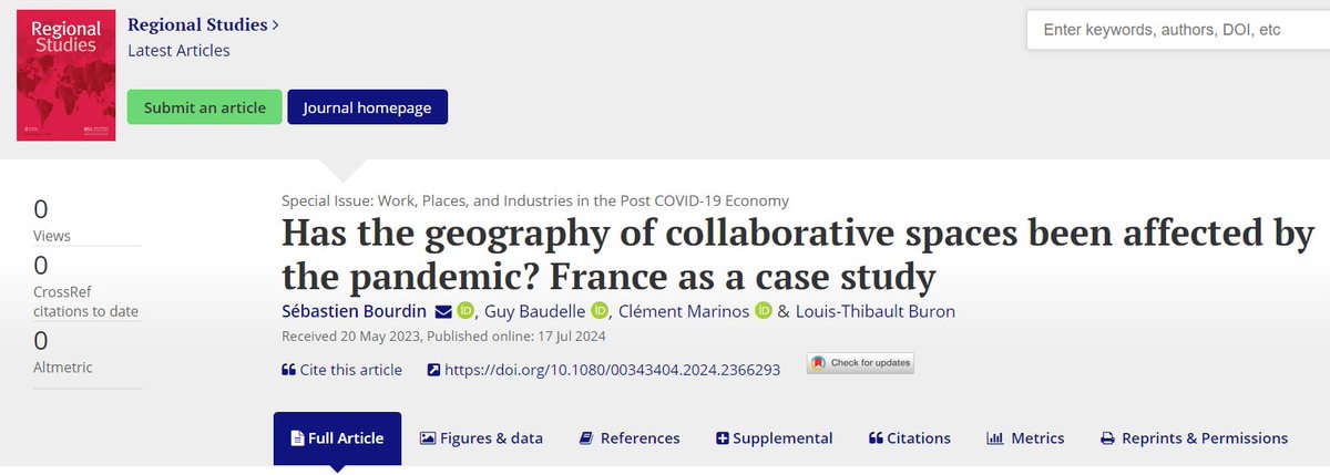 📰 𝗡𝗲𝘄 𝗣𝘂𝗯𝗹𝗶𝗰𝗮𝘁𝗶𝗼𝗻 𝗔𝗹𝗲𝗿𝘁
I am thrilled to share our latest research article published in <a href="/RegionalStudies/">Regional Studies - @regionalstudies.bsky.social</a> 
👉 Read the full article and key findings: urlz.fr/rhCb
#coworking #collaborative #WorkFromHome