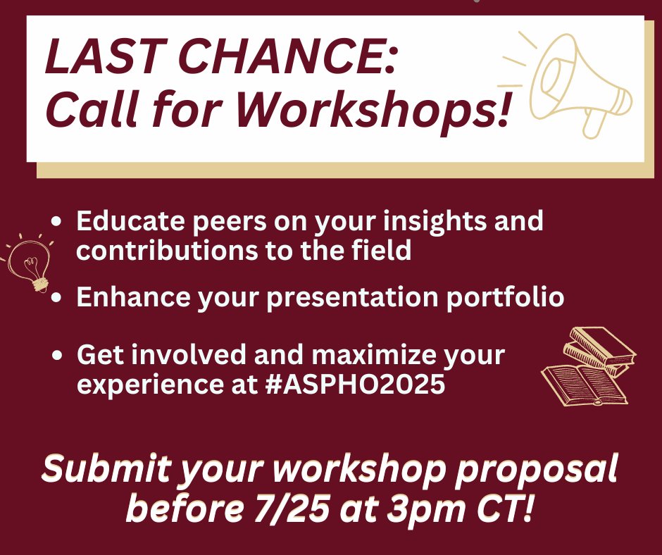One week left to participate in the Call for Workshops. Be a part of #ASPHO2025!  Proposals accepted through July 25, 3pm CT: aspho.org/meetings/confe… 

#ASPHO2025 #AdvancingPHO #PedsHemeOnc