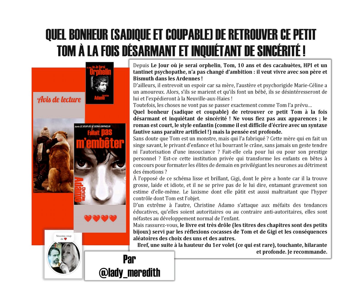 cadamo3's tweet image. #Fallaitpasmembêter ... par la très talentueuse @lady_meredith
#roman #thriller #thrillerpsychologique #thrillers #bestseller #romans #litterature #litteraturefrancaise #auteur #auteure #autrice #edition #lejouroùjeseraiorphelin #christineadamo #suite