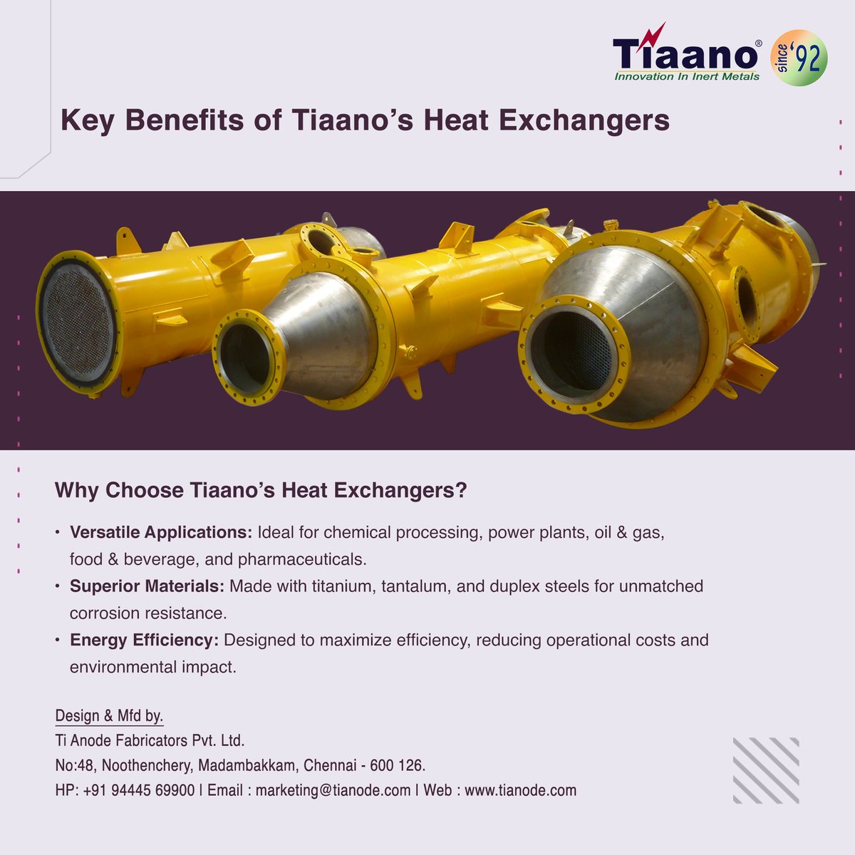 equipments_ti's tweet photo. Optimise Your Operations with Tiaano's Heat Exchangers!
Ideal for chemical processing, power plants, oil &amp; gas, food &amp; beverage, and pharmaceuticals, our exchangers are built from inert materials.
#Tiaano #HeatExchangers #Innovation #Efficiency #IndustrialSolutions https://t.co/c4Fxho2YNm