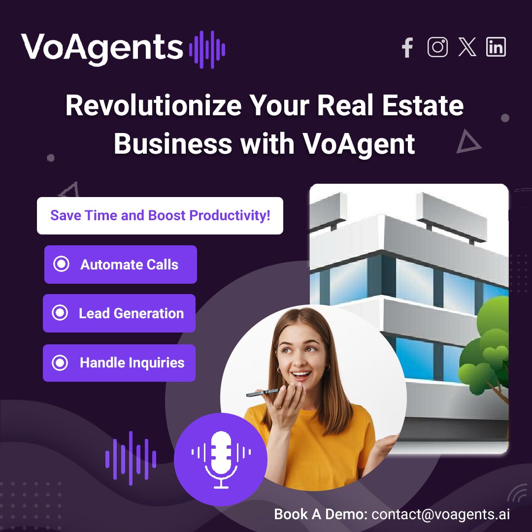 VoAgents (@voagents) on Twitter photo Tired of spending hours scheduling appointments and handling inquiries? 75% of #realestate professionals say #timemanagement is their biggest challenge.
Don't let inefficiencies hold you back. Book your demo today at contact@voagents.ai!
#voagents #voiceassistant #ai #aichatbot Tired of spending hours scheduling appointments and handling inquiries? 75% of #realestate professionals say #timemanagement is their biggest challenge.
Don't let inefficiencies hold you back. Book your demo today at contact@voagents.ai!
#voagents #voiceassistant #ai #aichatbot