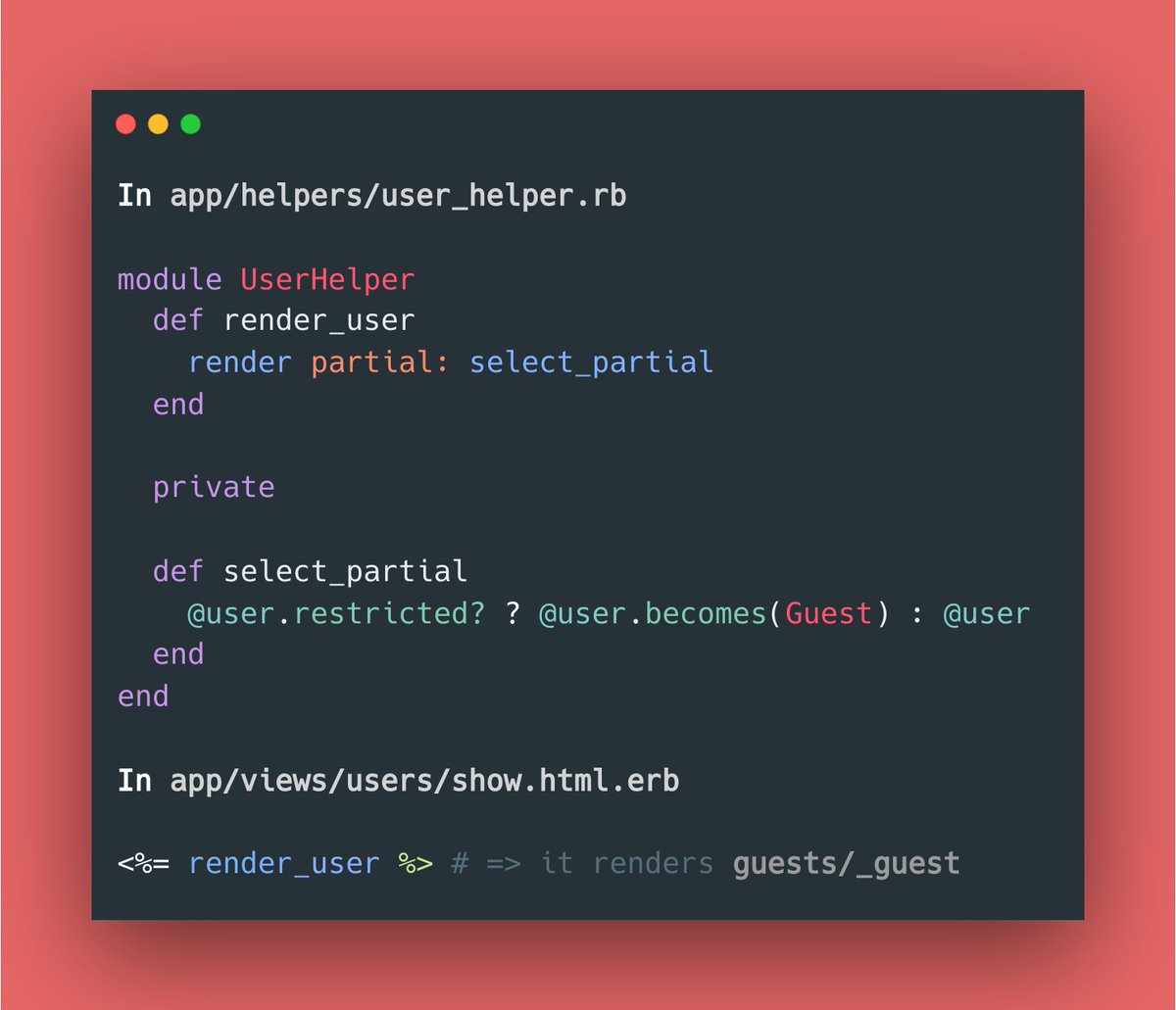 RubyCademy's tweet photo. Take advantage of the becomes method to select the partial template to render on the fly! ✨💫
PS: The becomes method creates a new object, discarding initially eager-loaded associations, leading to potential N+1 query issues.
#rubyonrails #activerecord #actionview https://t.co/0mb9bCYDdS