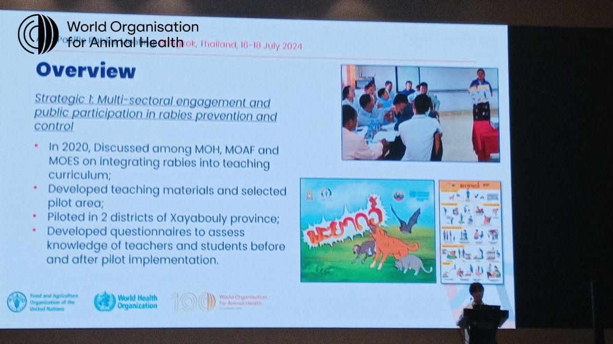 WOAH_Asia's tweet photo. #HappeningToday in Bangkok 🇹🇭: day 2 of the Asia-Pacific #rabies meeting.

Among insightful presentations, Laos 🇱🇦 representative explained how rabies 🐕 is integrated into the teaching 🏫 curriculum, improving understanding of rabies 🐶 prevention among students 🧑‍🎓👩‍🎓 and teachers 👨‍🏫👩‍🏫.

#Zeroby30 #CommunityEngagement #OneHealth