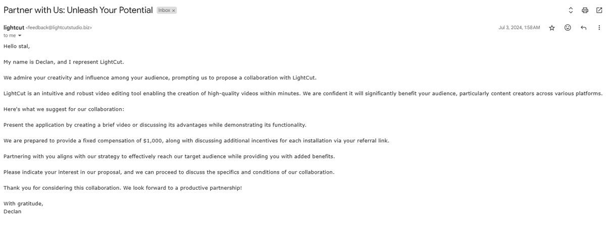 yuukeyna's tweet photo. Hello Creators! 

If u receive any emails inquiring about a collab w/ @DJIGlobal, it is a SCAM. Do not click on any links or provide any information. 

They state that they're promoting Lightcut for desktop, but there is no such thing according to Dji and their website. https://t.co/mo7X8e9ICj
