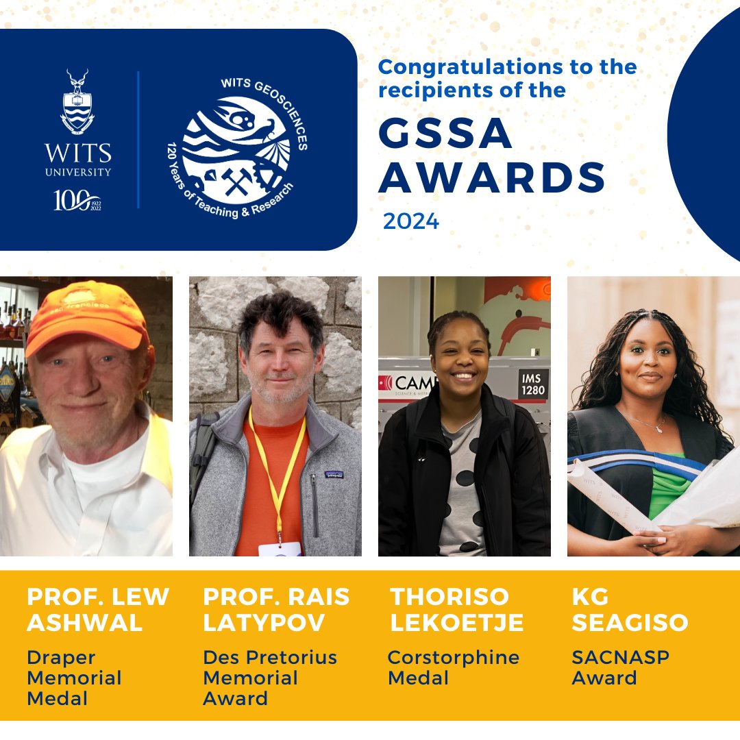 Congratulations to this year's winners of the prestigious GSSA awards. It brings the School immense pride to see so many of our students and staff being acknowledged for their outstanding contributions.   #WitsGeosciences #wits #Johannesburg  #scienceawards #witsGeo120   #GSSA