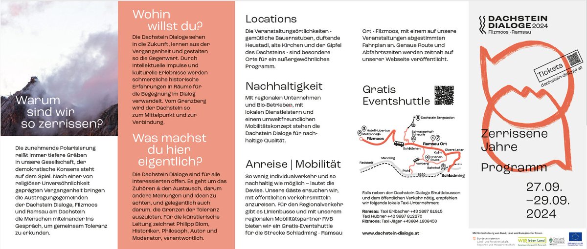 SAVE THE DATE

Von 27. bis 29.09.2024 finden erstmals die Dachstein Dialoge, ein internationales Festival für Toleranz, in Ramsau am Dachstein und Filzmoos statt. 

Nähere Informationen zur Veranstaltung finden Sie auf dachstein-dialoge.at.