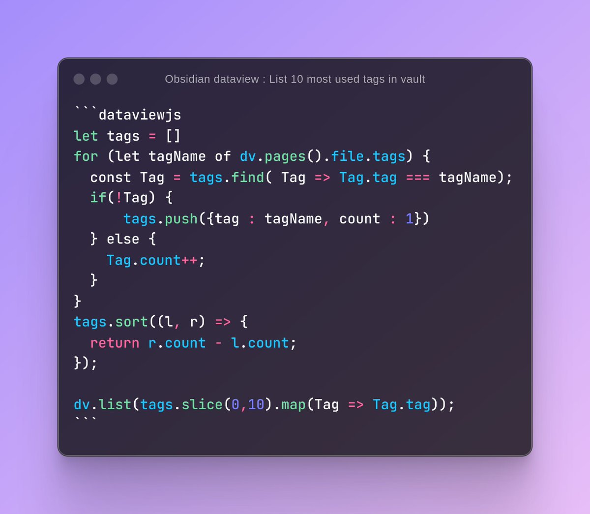 LarsGersmann's tweet image. Obsidian is an exceptional great tool getting extra power using the dataview plugin ❤️
Did a simple dataview snippet which can be embedded into a Obsidian page to list the 10 most used tags 🤷♂️ - it's easy !
#obsidian #dataview #snippet
