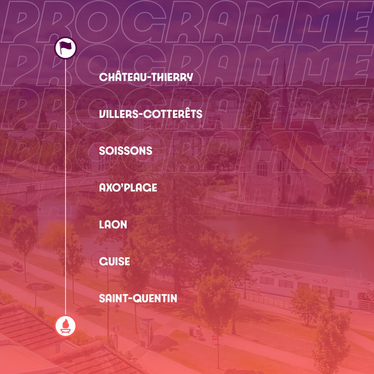 🔥 La Flamme part dans l’Aisne ! 
Son histoire du jour commence à Château-Thierry , ville de naissance de Jean de la Fontaine, avant de passer par Villers-Cotterêts, Soissons, une des premières capitales de France.
Direction ensuite Saint-Quentin pour les festivités de la fin de