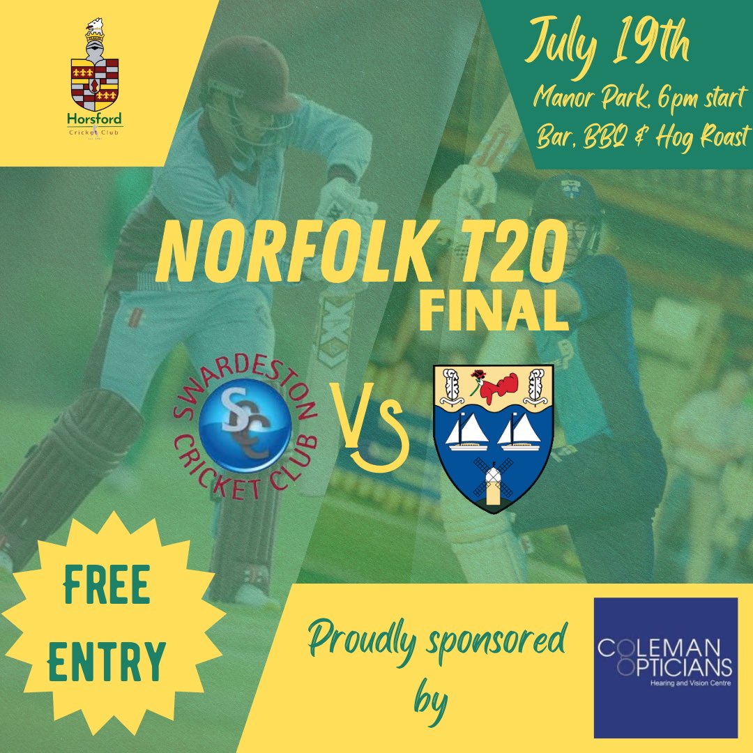 HorsfordCC's tweet photo. We host the Norfolk T20 final this Friday where we see @swardestoncc and @abwanderers battle it out. Free entry to the ground so would be great to see as many people watching what will hopefully be a brilliant game of cricket. 

#HCC #T20 https://t.co/iiZxjC3TBJ