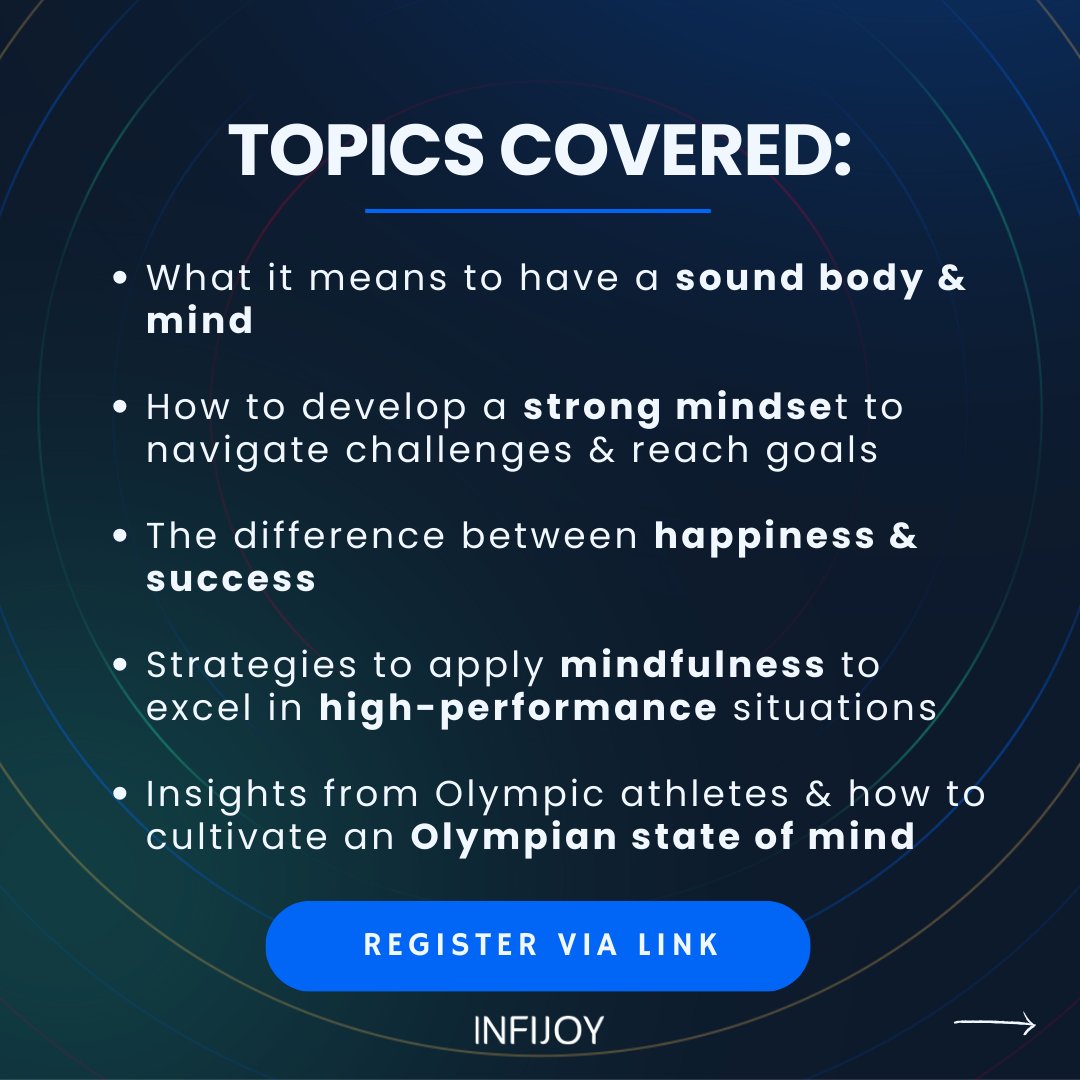 infijoy's tweet photo. Join our next online community workshop to explore the connection between a sound body &amp; a sound mind, guided by insights from an Olympian mindset coach - Sriven Naidu. 😊 

🔗Find out more &amp; register: https://t.co/x94lh5hdUV 

#webinar #mindsetcoach #olympianmindset https://t.co/w4NEIYJprC