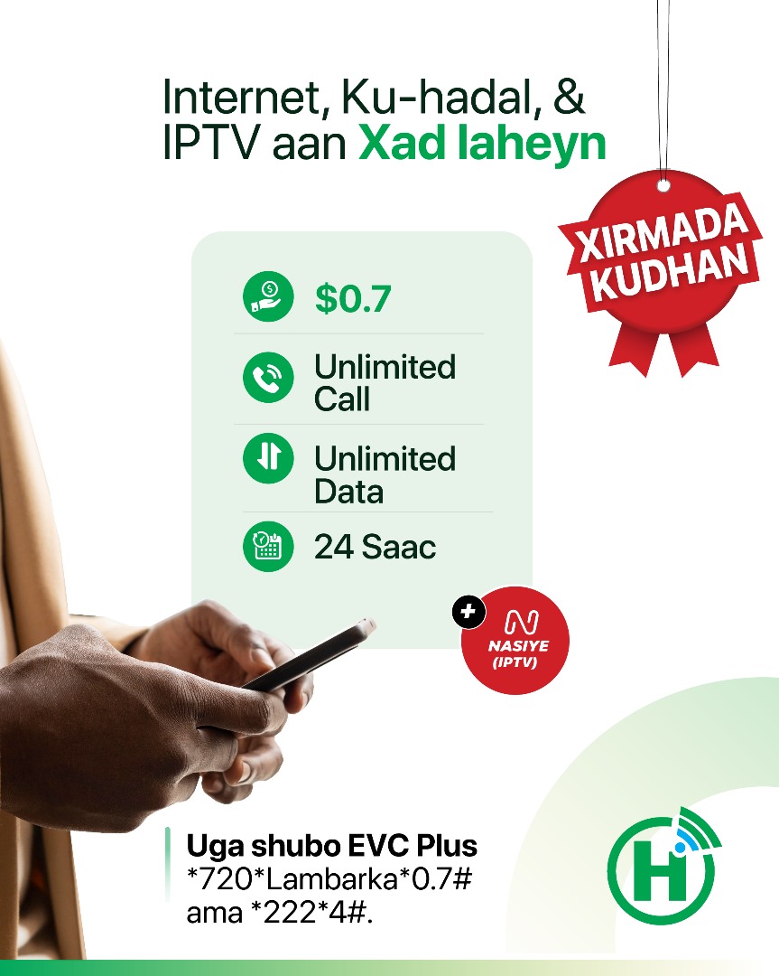 Hormuud's tweet image. We’re excited to announce KUDHAN, our newest addition to our fantastic service lineup! For just $0.70, enjoy 24 hours of unlimited Internet, calls, and IPTV (Nasiye). 

Recharge easily via EVC Plus by dialing *720*Number*0,7# or *2224# 🌐📞📺 

#HormuudTelecom #KUDHAN #NewService