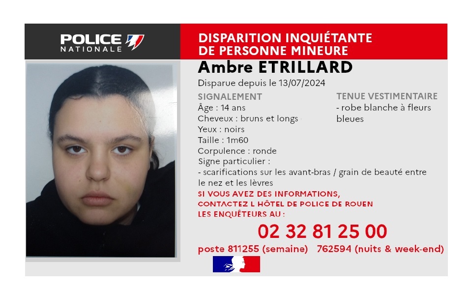 PoliceNat76's tweet image. #AppelATémoins | Aidez les👮‍♀️#Rouen ! 
Ambre a disparu depuis le 13 juillet.
Elle portait une robe blanche à fleurs bleues le jour de sa disparition.

Merci pour vos renseignements et partages 🙏