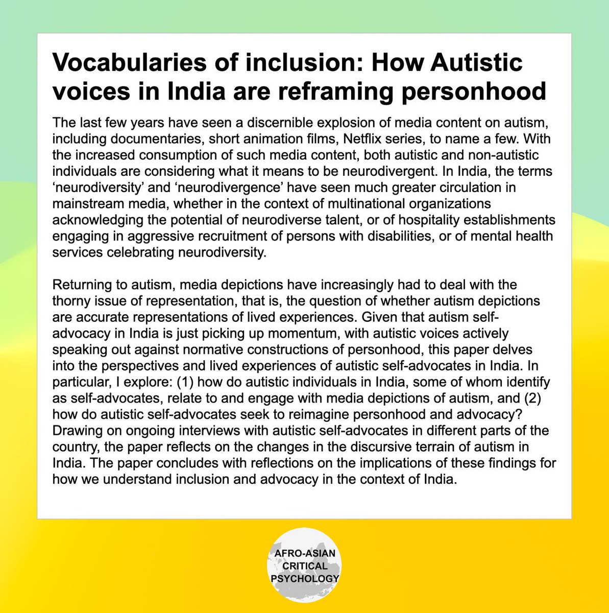 Afro-Asian Critical Psychology (@aacritpsy) on Twitter photo Neurodiversity in the Majority World
With speakers <a href="/whatnowanna/">whatnowanna (she/they)</a> & Shubha Ranganathan
Date 23rd July 2024
Time 1700 hours -1830 hours (IST)
Registration link forms.office.com/pages/response…
#actuallyautistic #neurodiversity
#adhd #AuDHD #socialjustice #majorityworld Neurodiversity in the Majority World
With speakers <a href="/whatnowanna/">whatnowanna (she/they)</a> & Shubha Ranganathan
Date 23rd July 2024
Time 1700 hours -1830 hours (IST)
Registration link forms.office.com/pages/response…
#actuallyautistic #neurodiversity
#adhd #AuDHD #socialjustice #majorityworld