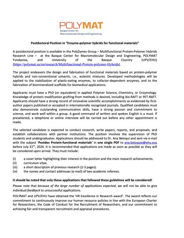 Ana Beloqui (@anabelizazu) on Twitter photo 📣📣We have a new open postdoc position in our Lab! Interested in working at the interface between proteins, polymers, and non-conventional media to fabricate functional materials? we offer a 2-years contract. Deadline 31st July. More info👇<a href="/Polymat_BERC/">POLYMAT</a> <a href="/ehu_kimika/">Kimika Fakultatea UPV/EHU</a> 📣📣We have a new open postdoc position in our Lab! Interested in working at the interface between proteins, polymers, and non-conventional media to fabricate functional materials? we offer a 2-years contract. Deadline 31st July. More info👇<a href="/Polymat_BERC/">POLYMAT</a> <a href="/ehu_kimika/">Kimika Fakultatea UPV/EHU</a>