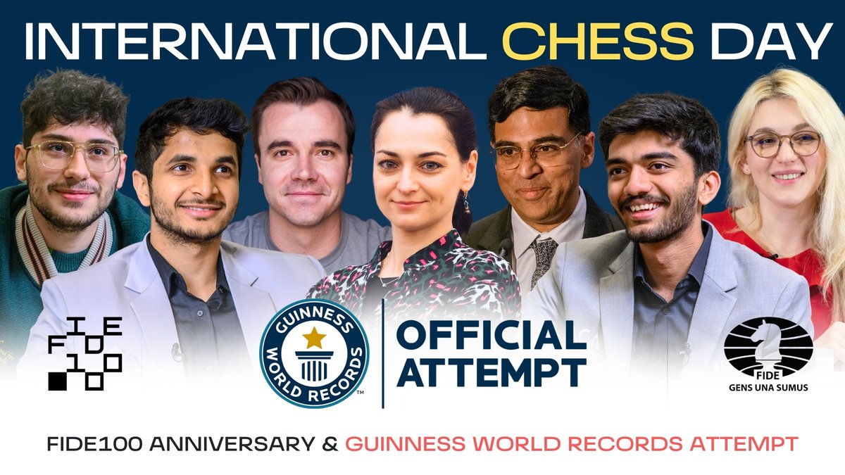 On July 20th 2024, the World Chess Day, FIDE celebrates a monumental milestone: 100 years of promoting and governing the game of chess! 🎂♟️💯 #FIDE100

🎉 The centennial celebrations will feature a series of events, including the Guinness World Records attempt for the most chess