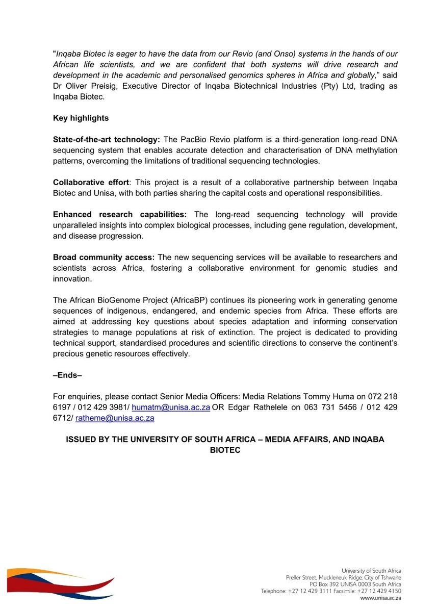 Official Media Statement!
===
University of South Africa (UNISA) and Inqaba Biotec launch Africa's first <a href="/PacBio/">PacBio</a> #Revio long read sequencing platform.