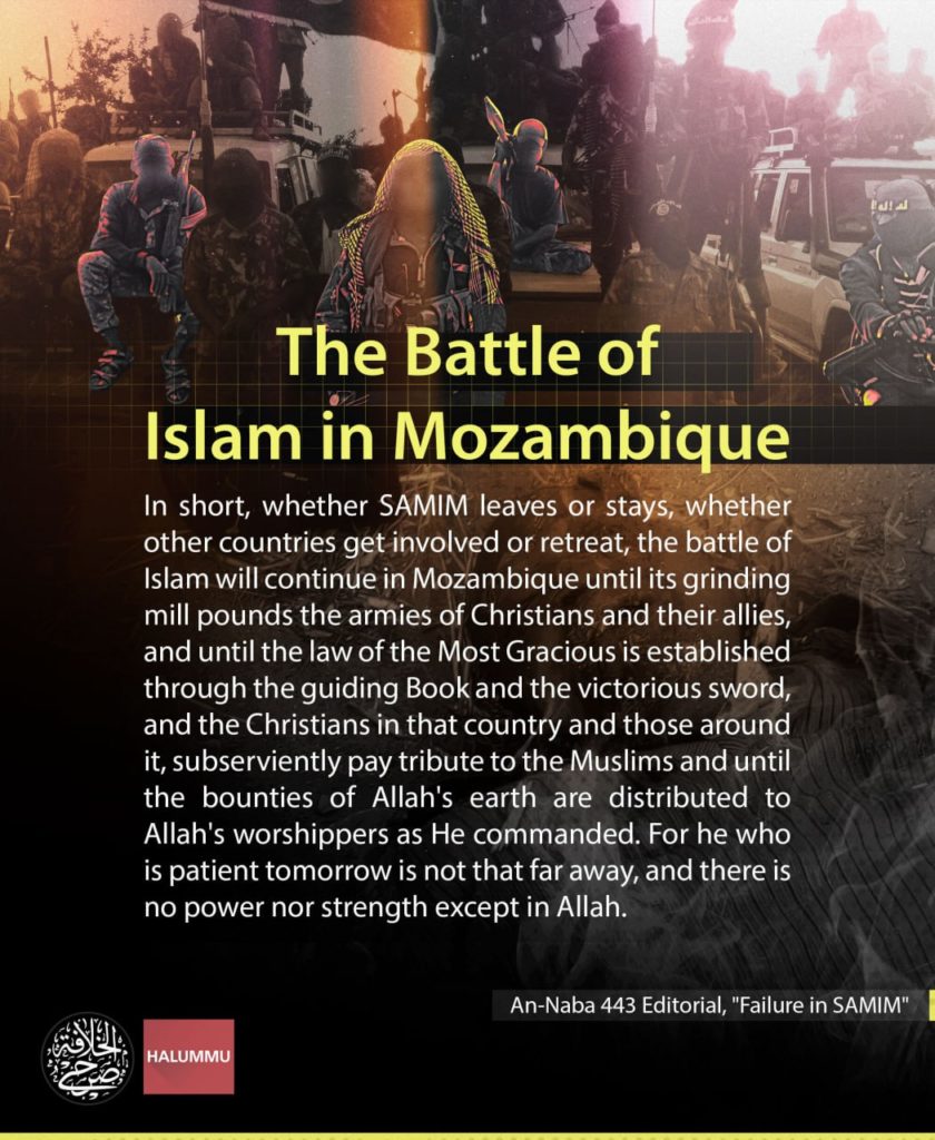TracTerrorism's tweet image. Sarh al-Khilafa (Unofficial #IslamicState): #Naba Editorial #443 "The Battle of #Islam in #Mozambique" - 16 June 2024
Read more: trackingterrorism.org/chatter/sarh-a…
