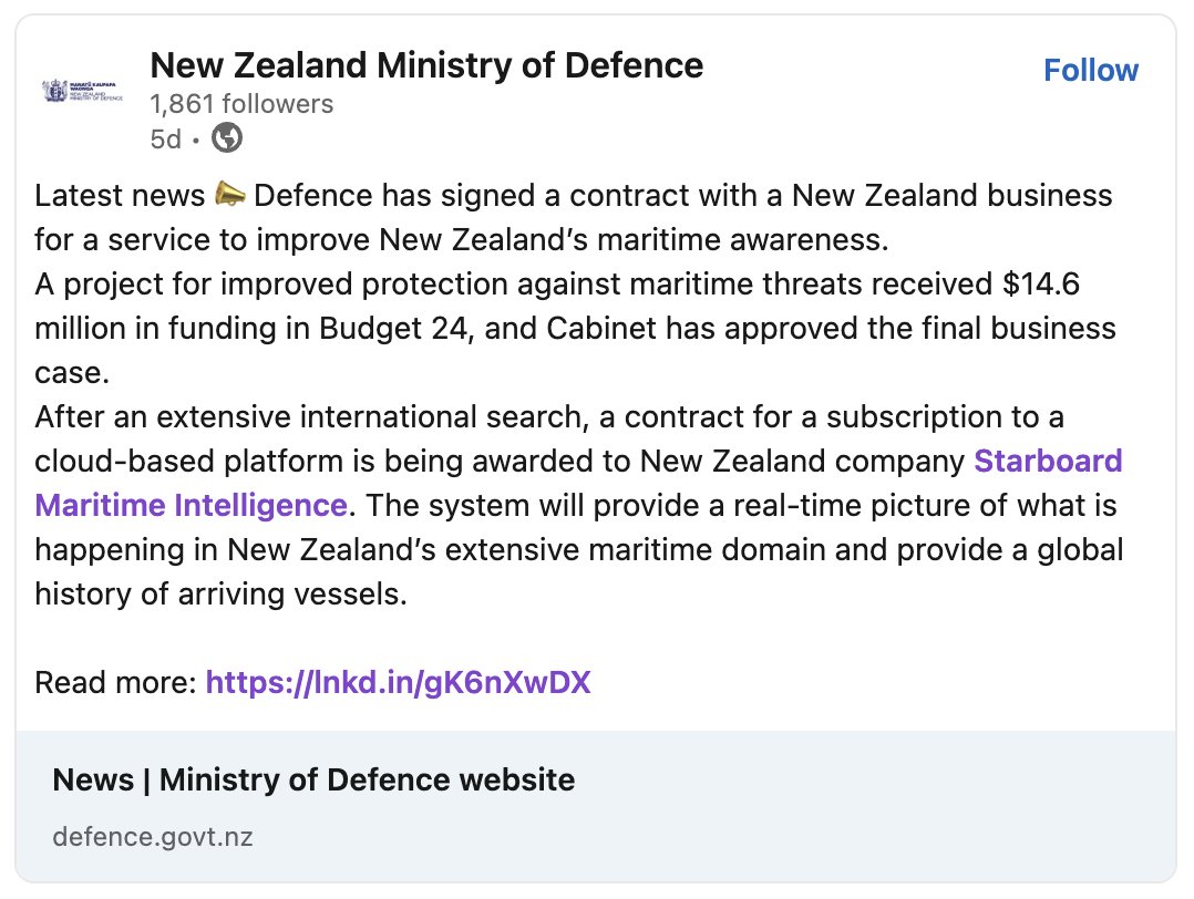 Starboard Maritime Intelligence (@starboard_nz) on Twitter photo 🎉 Big news from <a href="/Starboard_NZ/">Starboard Maritime Intelligence</a>
We are really excited to share that we have been chosen to provide maritime domain awareness across multiple New Zealand government agencies. Welcome to our new users 👏.
More from NZ Defence on the announcement...
linkedin.com/posts/starboar… 🎉 Big news from <a href="/Starboard_NZ/">Starboard Maritime Intelligence</a>
We are really excited to share that we have been chosen to provide maritime domain awareness across multiple New Zealand government agencies. Welcome to our new users 👏.
More from NZ Defence on the announcement...
linkedin.com/posts/starboar…