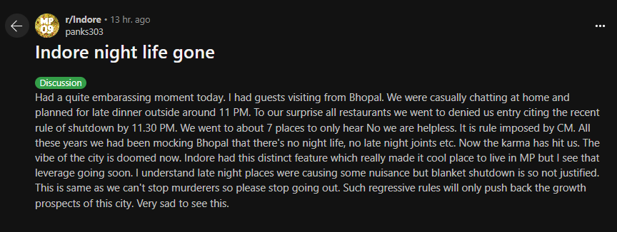 IndoreReddit's tweet photo. Indore's night life is now officially dead.

By u/panks303. https://t.co/dIaMllQQMW