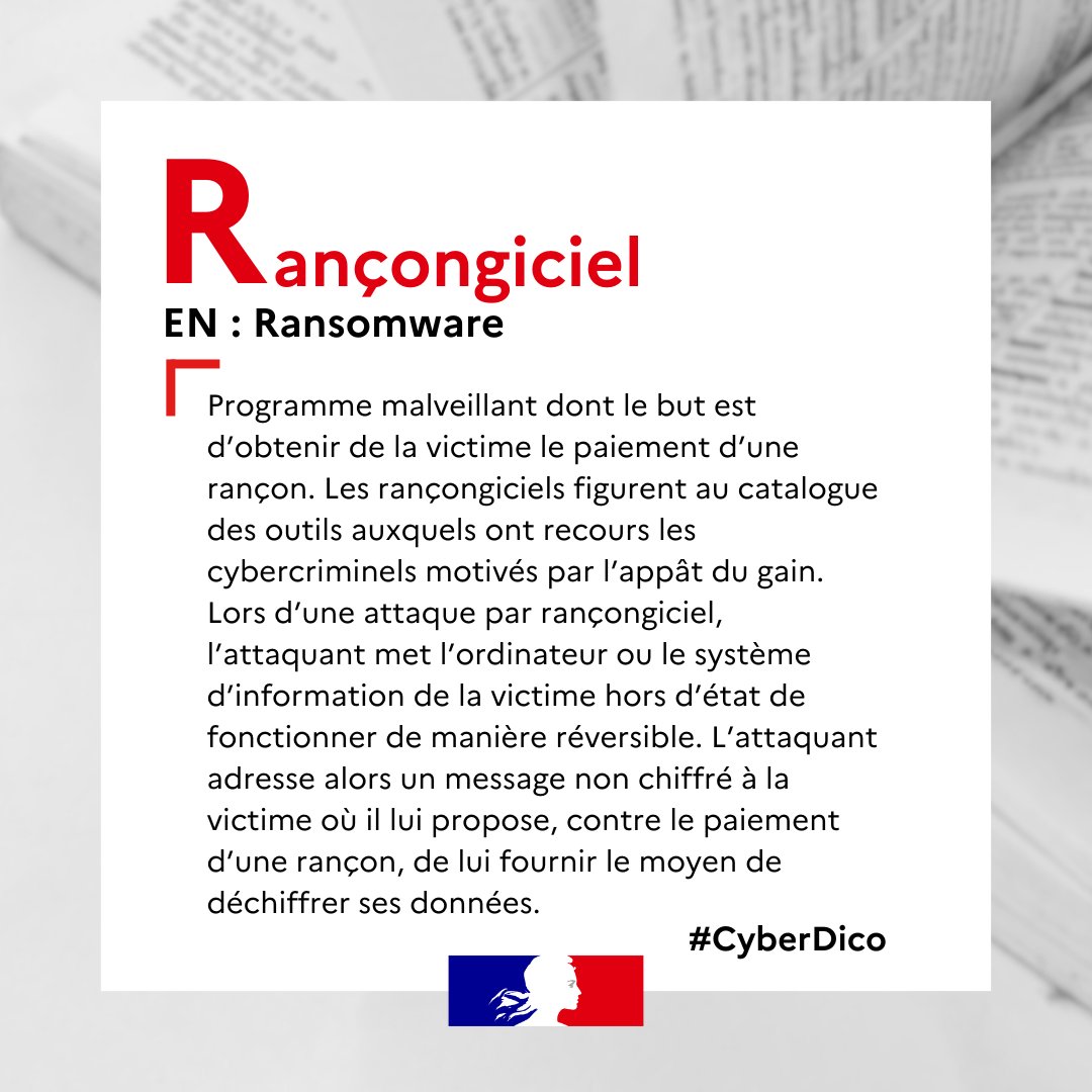 ANSSI_FR's tweet photo. 📕 #CyberDico
👀 Savez-vous ce qu'est un #rançongiciel ?
⬇️ Découvrez la définition de ce programme malveillant et ne vous faites plus avoir : https://t.co/rDdIdRHncg