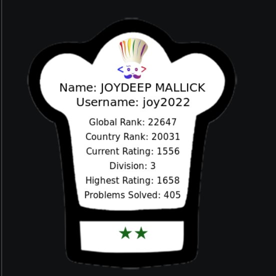 _JoydeepMallick's tweet image. Presenting  "👨🏼🍳Codechef Readme Stats👩🏼🍳" badge generator.
Flaunt you user profile of @codechef  on GitHub.
Check this :-
github.com/JoydeepMallick…
Also shared a little blog on CodeChef:-
discuss.codechef.com/t/codechef-git…
Your reviews and advices matter😀
#codechef #githubprofile #stats