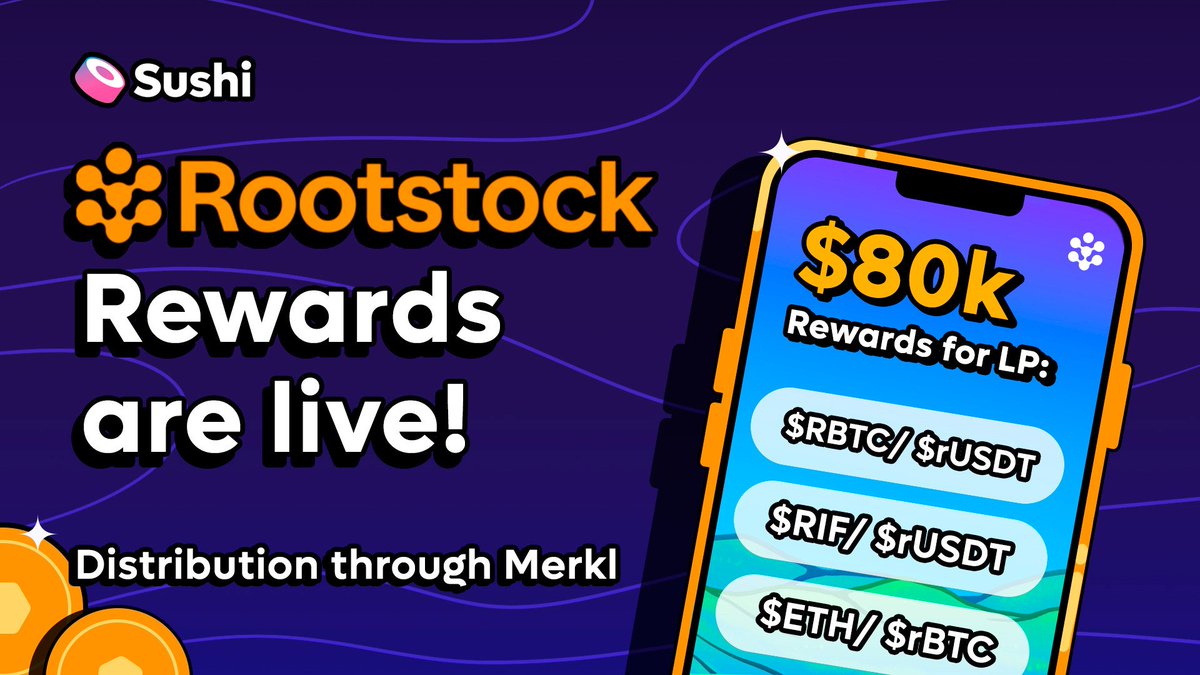 Rootstock rewards are now live on Sushi! 🎉

Provide liquidity in these pools and share 80k rewards:

💧 $RBTC/ $rUSDT
💧 $RIF/ $rUSDT
💧 $ETH/ $rBTC

Rewards are distributed through Merkl
➡️ merkl.angle.money/?chain=30&sear…

<a href="/rootstock_io/">Rootstock</a>