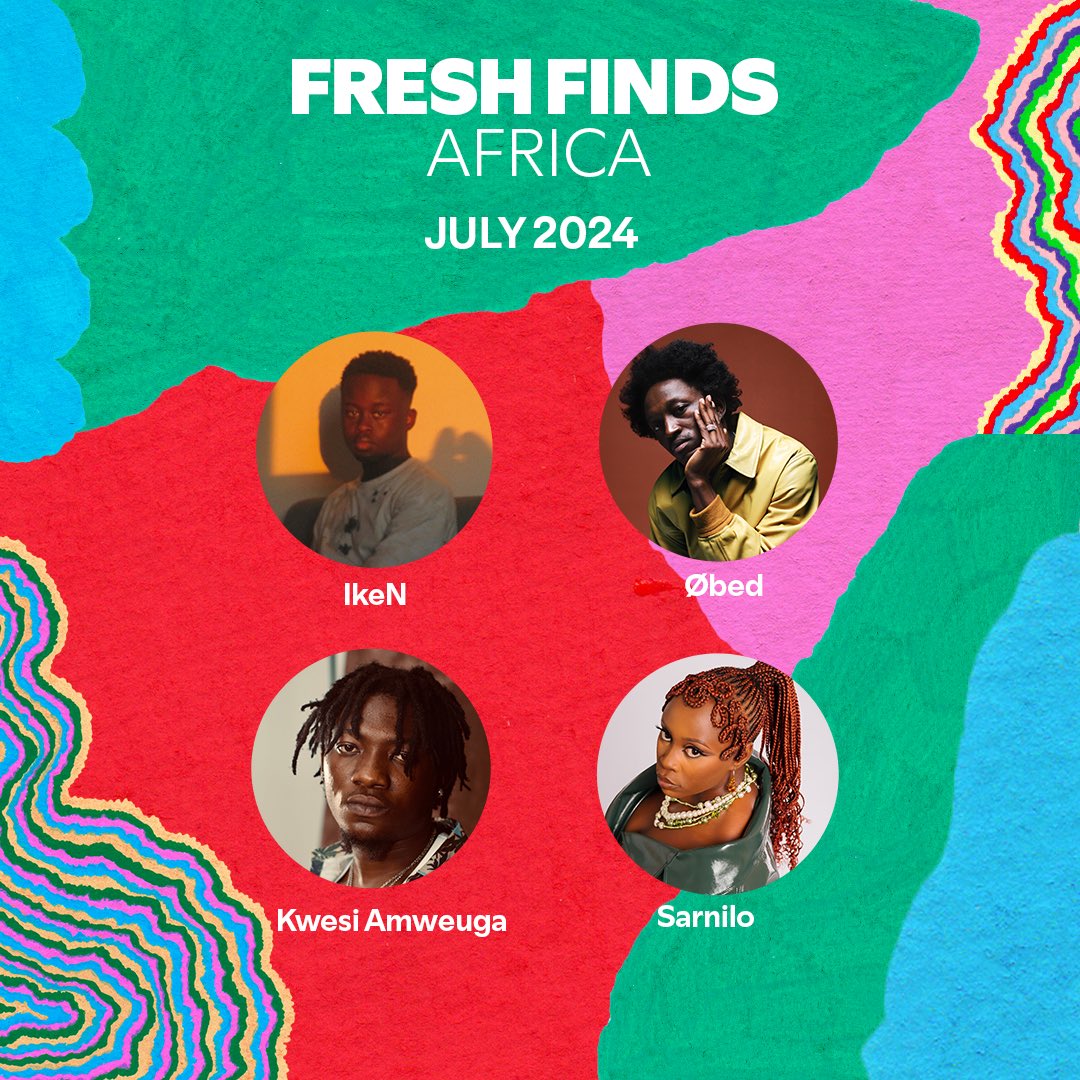 SpotifyAfrica's tweet photo. Hit play on some of the hottest talent making waves outta the continent! 💯🌍 Say hey to our #FreshFinds Africa artists for July: @SarNilo, @ikenmakemusic, @Obedworld and @kwesi_james! https://t.co/SbY18dt5F5