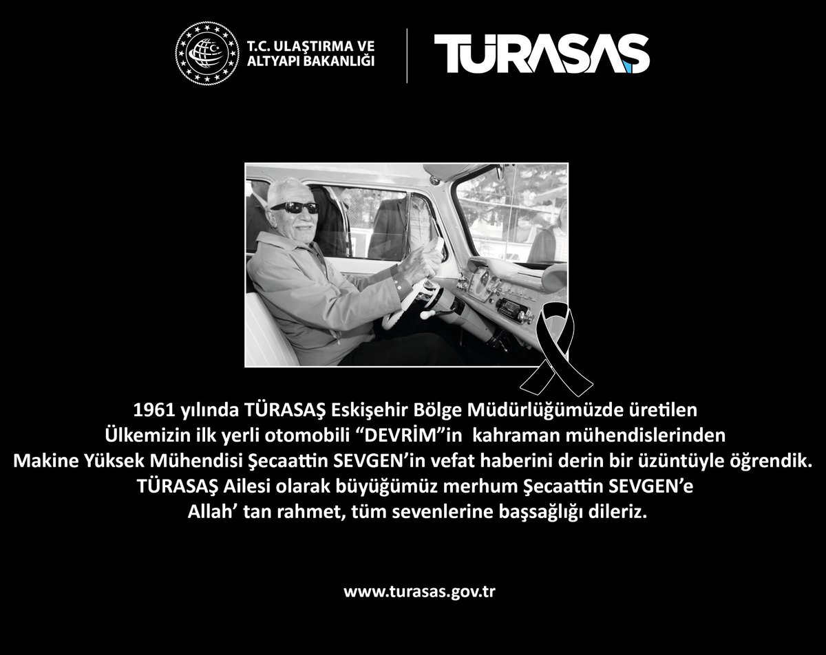 İlk yerli otomobilimiz #Devrim 'in kahraman mühendislerinden Şecaattin SEVGEN'in vefat haberini derin bir üzüntüyle öğrendik. 
#TÜRASAŞ Ailesi olarak büyüğümüz merhum Şecaattin SEVGEN'e Allah'tan rahmet, tüm sevenlerine başsağlığı diliyoruz.