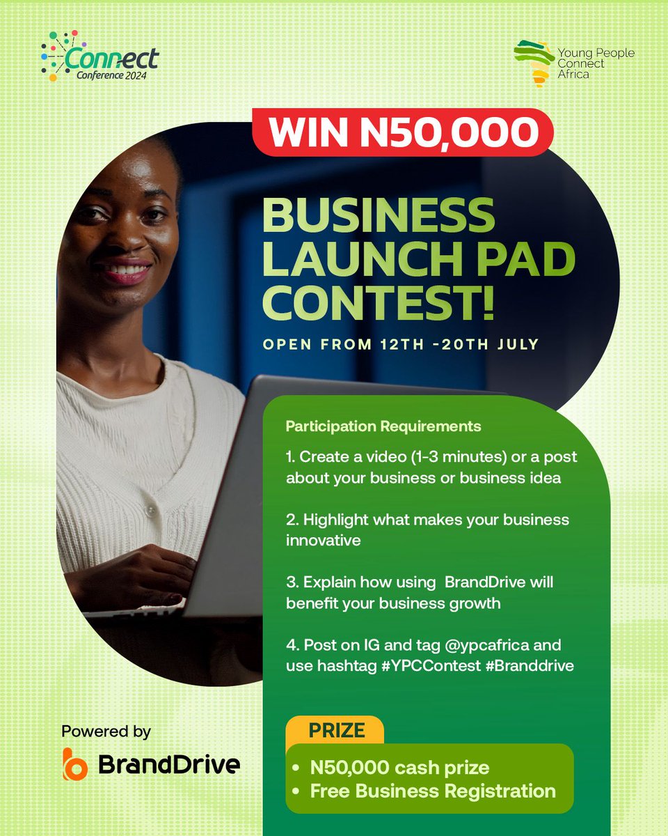 ypcafrica_'s tweet photo. Donβt miss the opportunity to give your business what it needs to thrive or even get started.
Do you know you can win the sum of #50,000 cash and also get your business registered for free?
Check the flyer above for instruction.
#ypccontest
#branddrive
#connectconference2024 https://t.co/o5qwBx9NHX