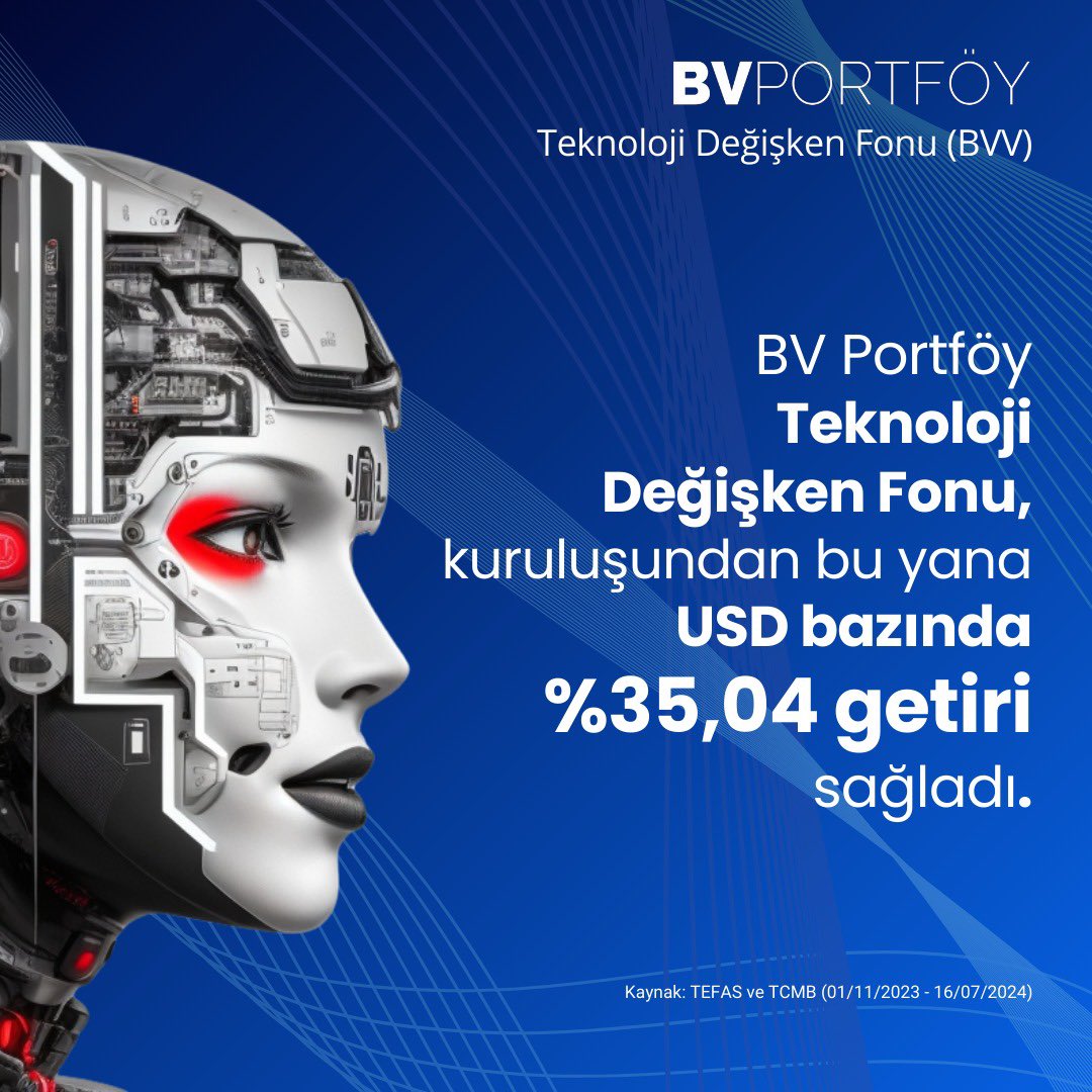 🌐 BV Portföy Teknoloji Değişken Fonu (BVV) ile yapay zeka teknolojilerine yatırım yapın ve dönüşümün bir parçası olun! 

🔍 Fortune Business Insights'a göre Yapay Zeka pazarı 2028'e kadar 554,3 milyar dolara ulaşacak. Bu büyüme, sağlık, ulaşım, finans ve imalat gibi çeşitli