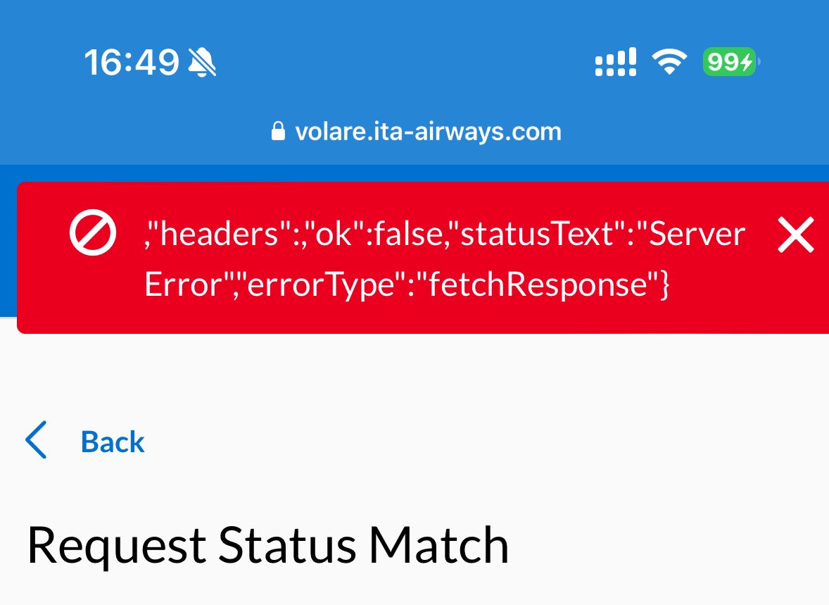 underlands's tweet photo. @ITAAirways I’ve been trying millions of times to do the status match on your website, tried mobile phone, tablet and both safari and chrome, i keep getting this error message. Is there any other way to do the match? Thanks. Your IT is a torture. https://t.co/c3lndG5PG1