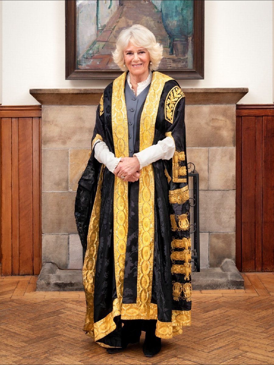 Her Majesty Queen Camilla, Chancellor of the University of Aberdeen standing alone in her Chancellor robes.