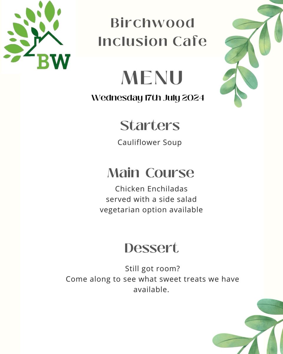Welcome to Birchwood's Café. 

Every Wednesday at the Tanhouse Community Centre.

Our café is open to all.

Allergen Notice:

Should you have any allergens, dietary needs or Q's for our menu.
Please ask a member of staff for details.