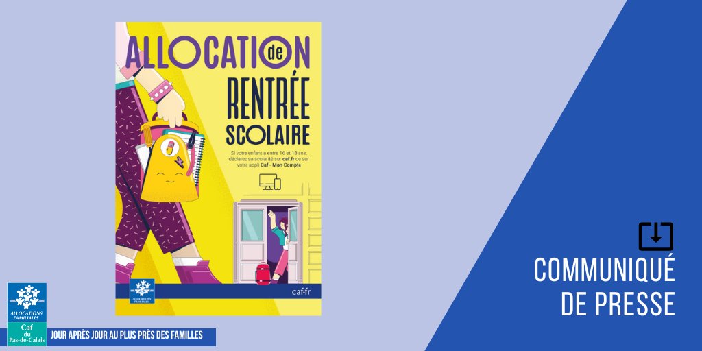 #Communiqué | 17 juillet 2024
 La <a href="/CafPasdeCalais/">Caf du Pas-de-Calais</a> versera l’Allocation de rentrée scolaire (ARS) le 20 août prochain. D’un montant de 416€ à 454€ selon l’âge de l’enfant, cette aide permet aux #familles de couvrir les frais de la #rentrée
=> tinyurl.com/yvw48tnw