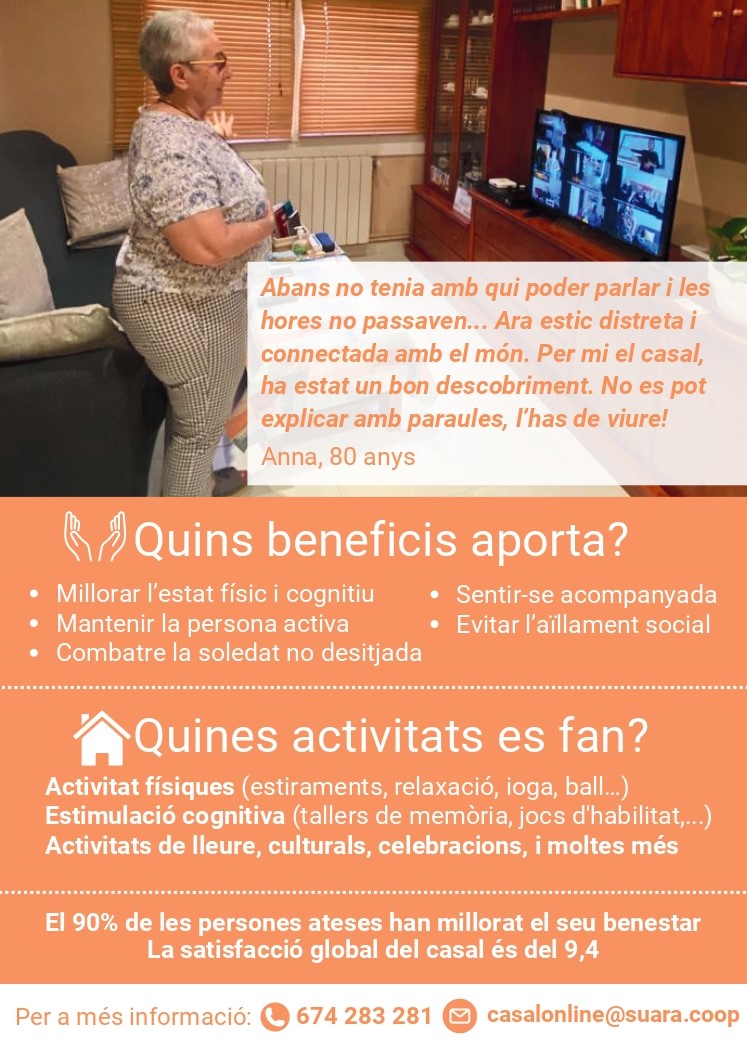 CCGarrigues's tweet photo. 📢 El Consell Comarcal de les Garrigues presenta el Casal Online de @suaracoop 📺, un projecte d'entreteniment i acompanyament per a la gent gran. Gratuït fins a l'octubre! Truca al 674 283 281 📱 o al 973 142 658 ☎️. Millora l'estat físic i cognitiu! Apunta't! 🚀 https://t.co/sR4LR6waJU