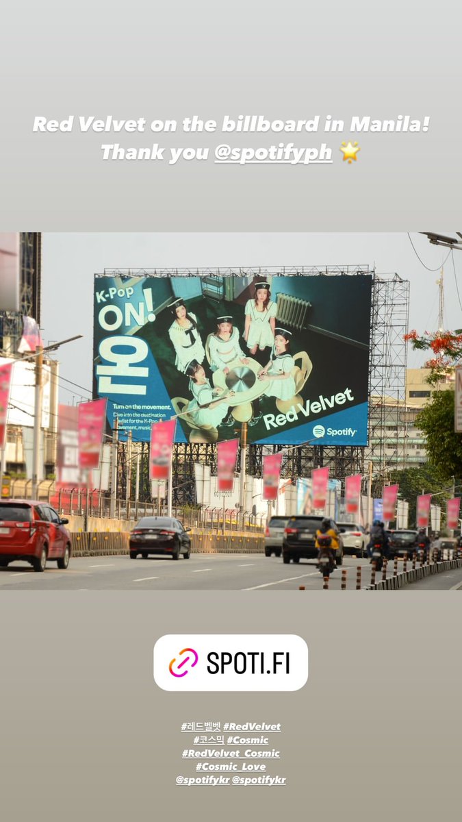 rvstgrm's tweet photo. [INSTAGRAM STORY]

Red Velvet on the billboard in Manila!
Thank you @.spotifyph 🌟 #레드벨벳 #RedVel[...]
https://t.co/IdfERn9FEA

@RVsmtown #RedVelvet #레드벨벳 #Cosmic 
240717 · 16:13:33 KST https://t.co/Eh0EBmdTVy