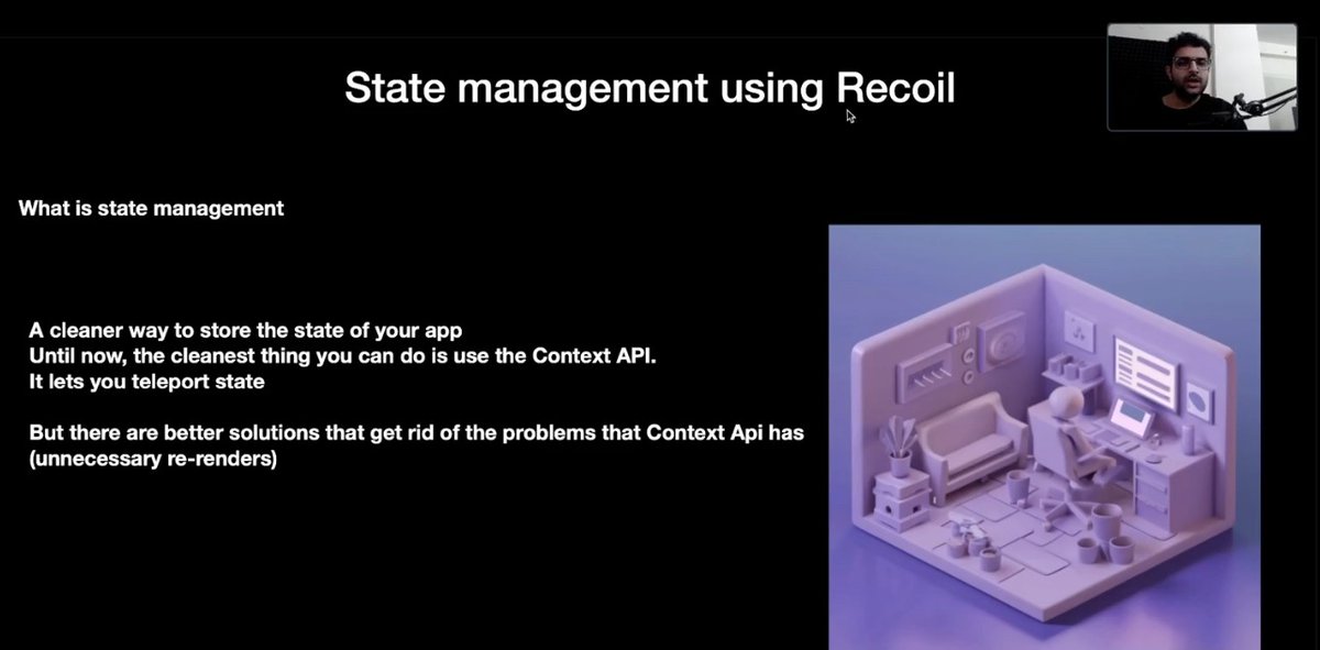 aaryankhare5's tweet image. 🧠Week 7.2 in Harkirat Cohort 2.0 with #100xDevs! Mastering Recoil for state management and Content API concepts: atoms, useRecoilState, useRecoilValue, useSetRecoilState. Ready to apply these skills to build dynamic applications! 🚀 #HarkiratCohort #RecoilJS #ContentAPI