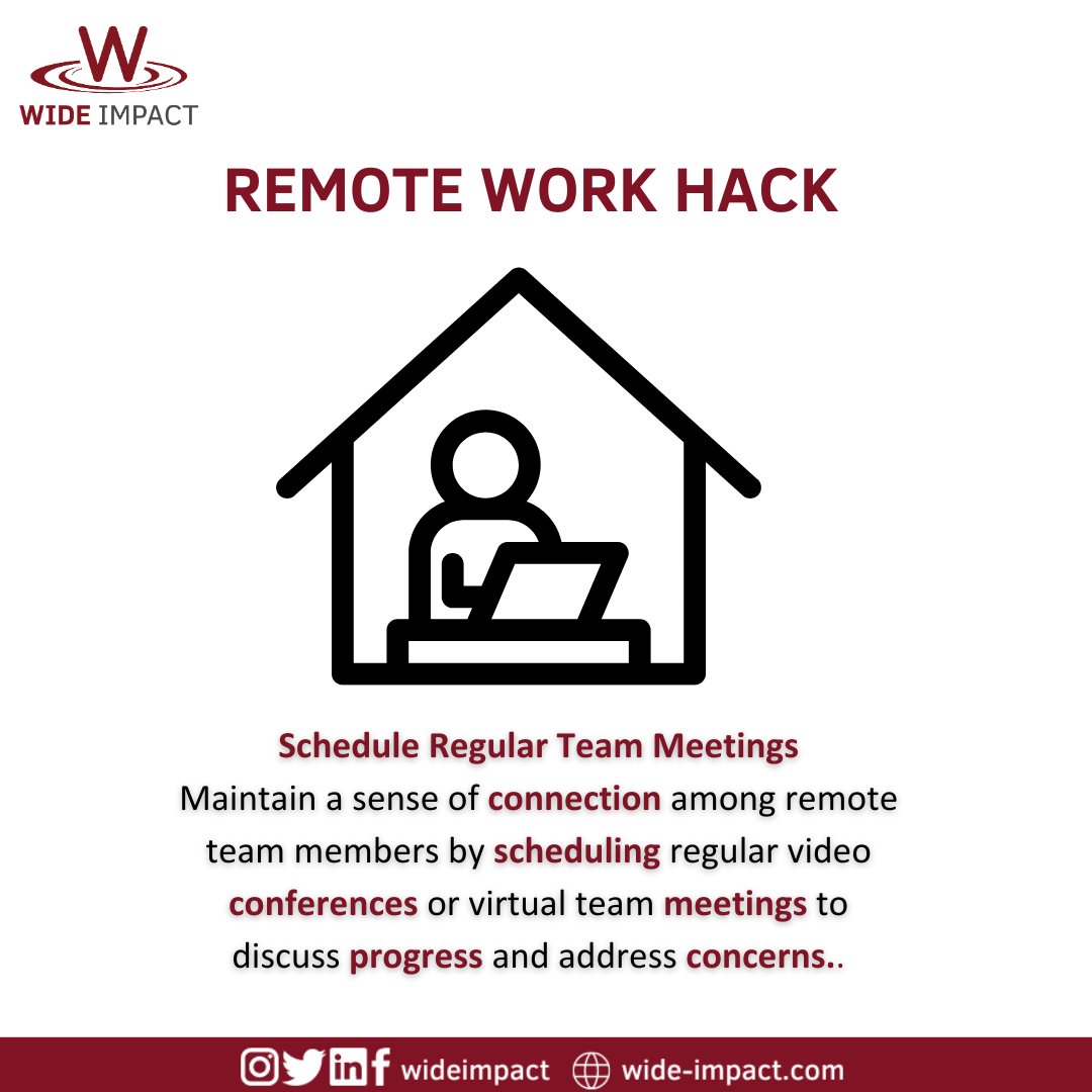 WideImpact's tweet image. Foster connection in your remote team. Schedule regular video meetings to discuss progress, address concerns, and maintain a collaborative spirit. #remoteworkhack #teamwork #communication #Hack #WideImpact