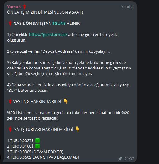 #Bitcoin  #kripto #airdrop ile ilgilenen arkadaşlar #Gunstorm @Gunstormio projesininden uzak durun. Projeyi  @contextTRcrypto paylaşımından görüp ön satışa katıldım. Fiyat verilen sözler konusun da adil ve dürüst değiller.  ilk fiyatlama resim de.