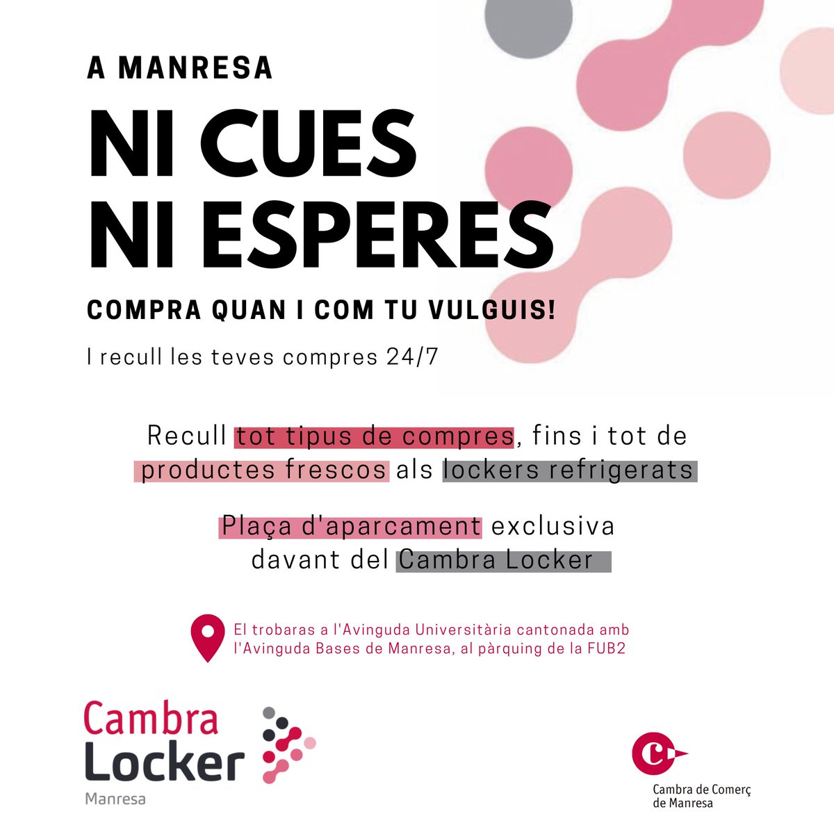 Cambramanresa's tweet image. 🛍️ Encara no coneixes el #CambraLocker?

📦 És un punt de recollida intel·ligent al centre de #Manresa per les #compres fetes al #comerç local

👉 Si tens un establiment, adhereix-t'hi!

📌 cambralocker.com

#clickandcollect #comerçlocal