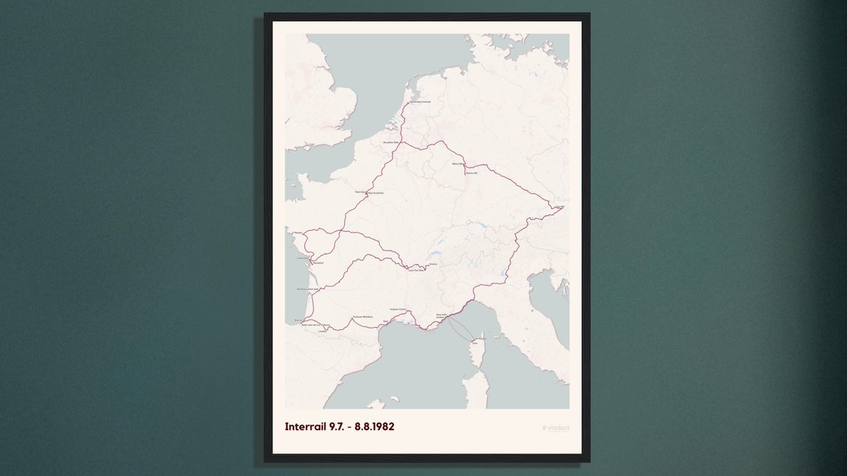 viaduct_world's tweet photo. 🚄✨Relive Gottfried's legendary @Interrail trip from 1982 with our #MyTrainMap! He traveled through Austria, Germany, Belgium, Netherlands, France, and even took a ferry to Korsika before heading back to Austria. Now, he has a stunning print to remember it by. 🗺️🖼️ 
Start logging your train trips with @viaduct_world now and get your personalized #MyTrainMap! 
 #viaduct #TravelByTrain #RailwayMaps #Interrail